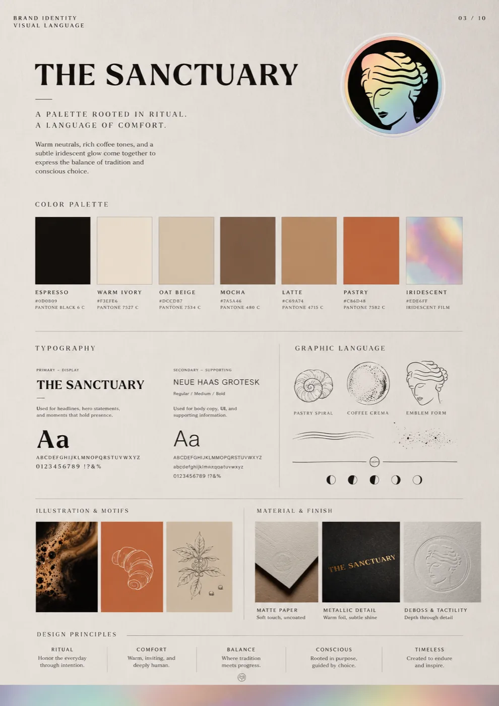 The Sanctuary — brand identity board: palette, typography, materials